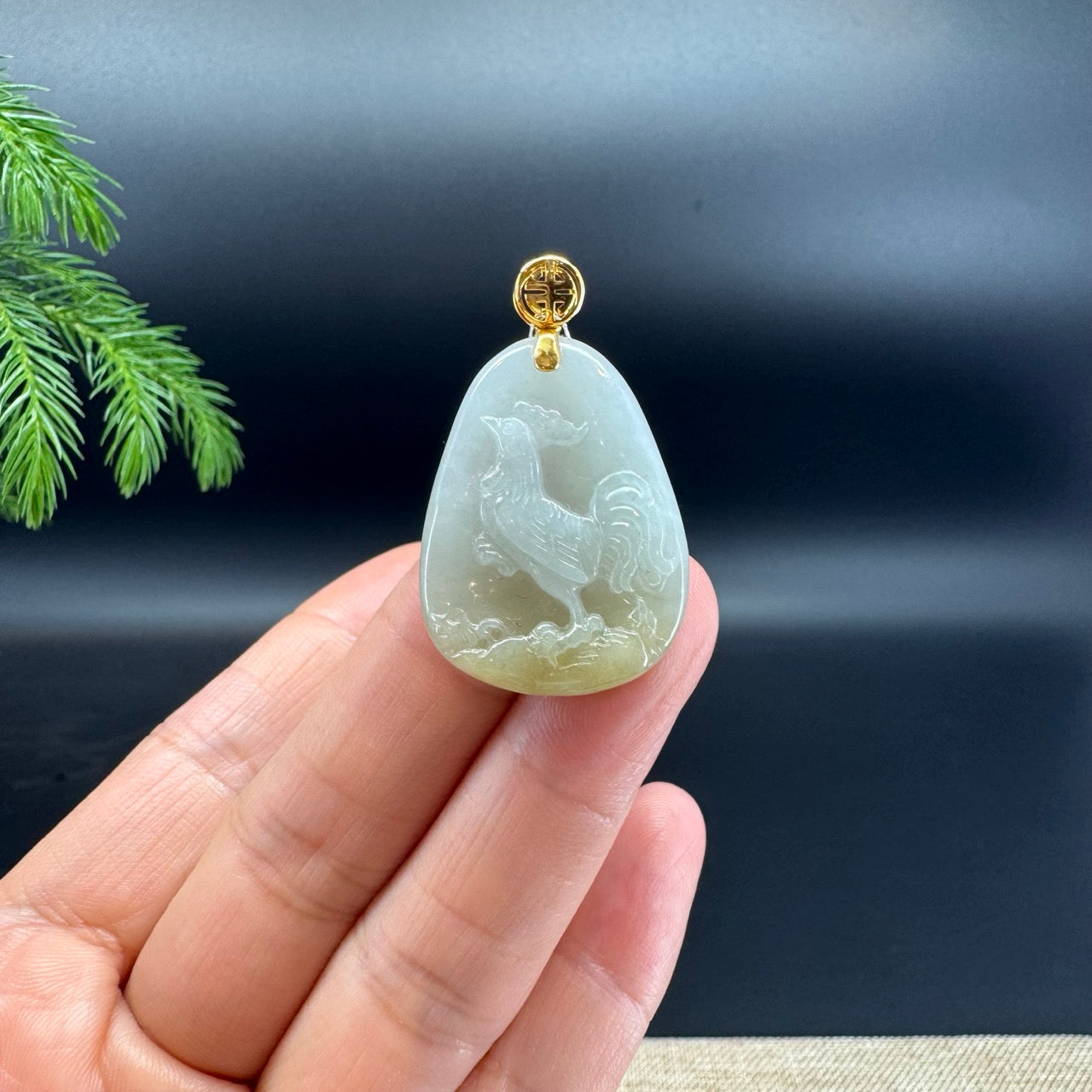 RealJade® co. 18k Yellow Gold Natural Light Yellow Green Jadeite Jade Rooster Pendant Necklace