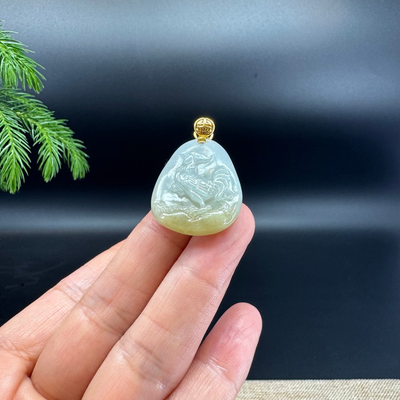 RealJade® co. 18k Yellow Gold Natural Light Yellow Green Jadeite Jade Rooster Pendant Necklace