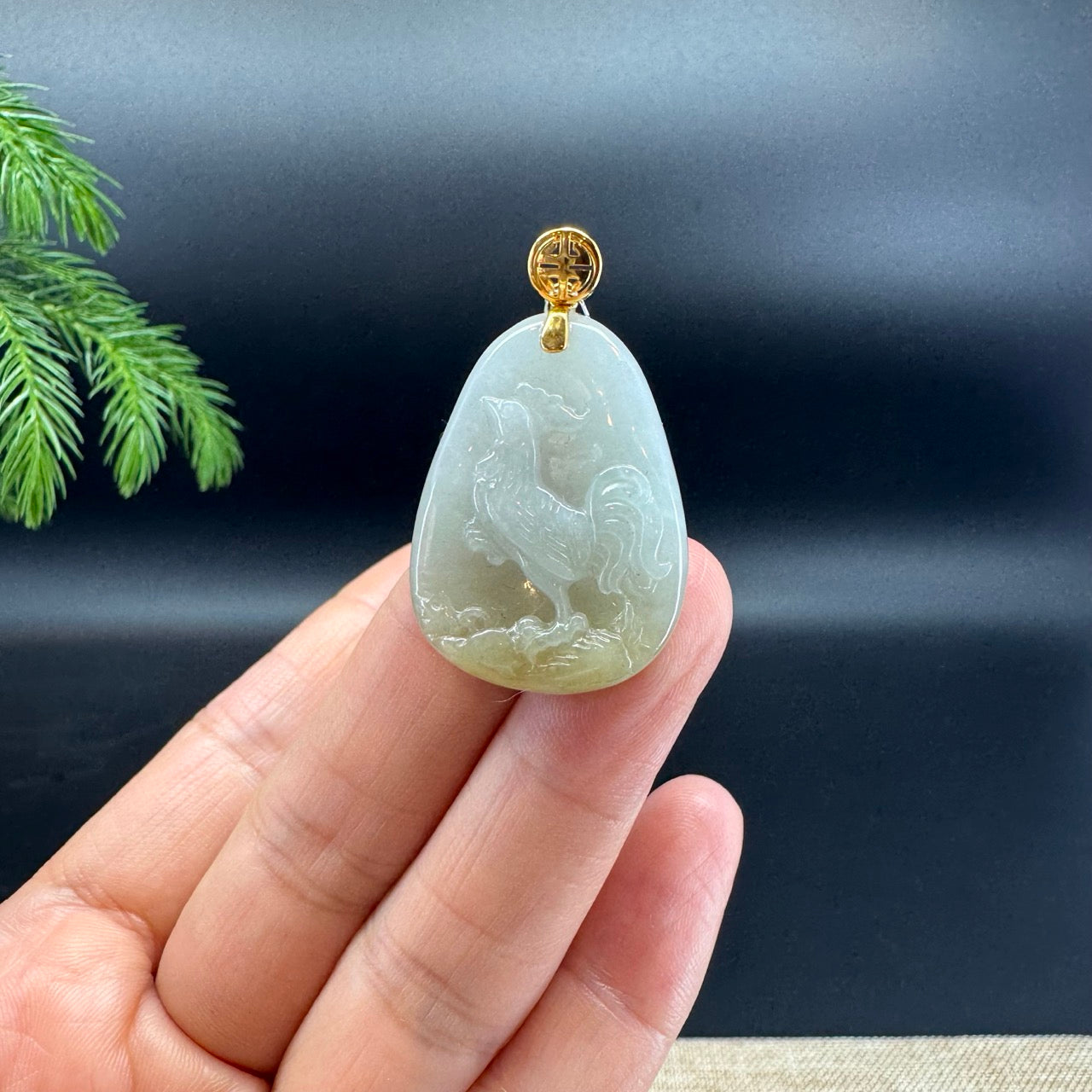 RealJade® co. 18k Yellow Gold Natural Light Yellow Green Jadeite Jade Rooster Pendant Necklace