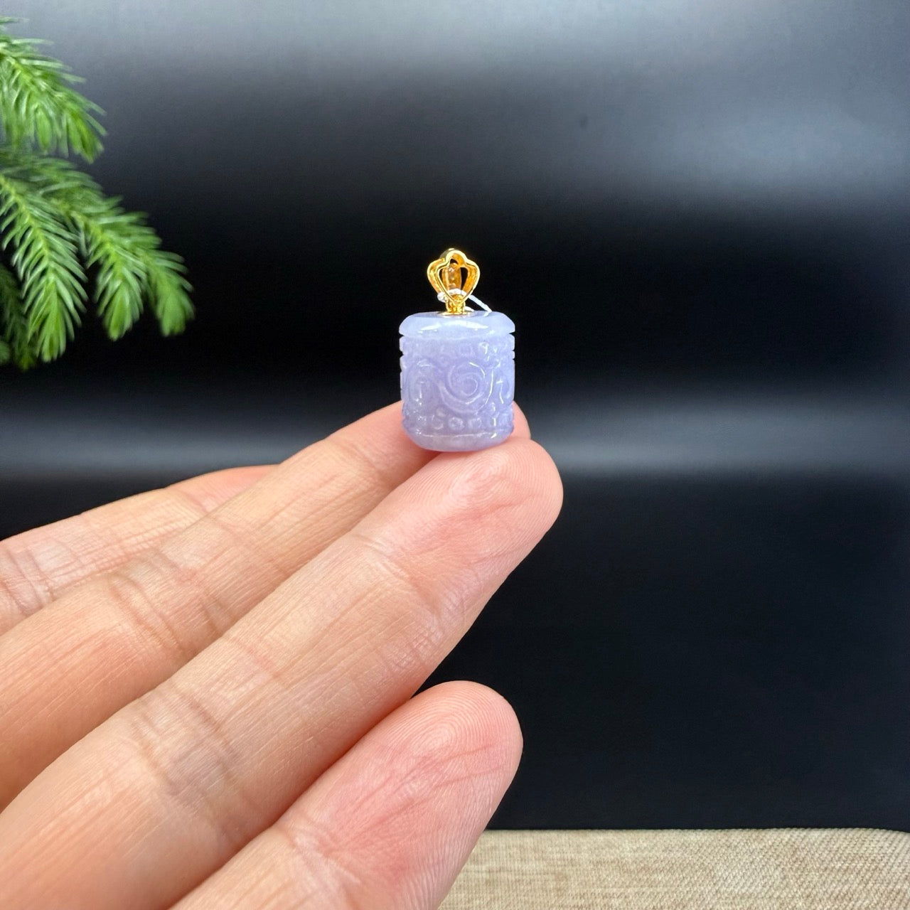 "Good Luck Button"Lavender Jadeite Jade "TongTong" Pendant With 18K Yellow Gold Bail