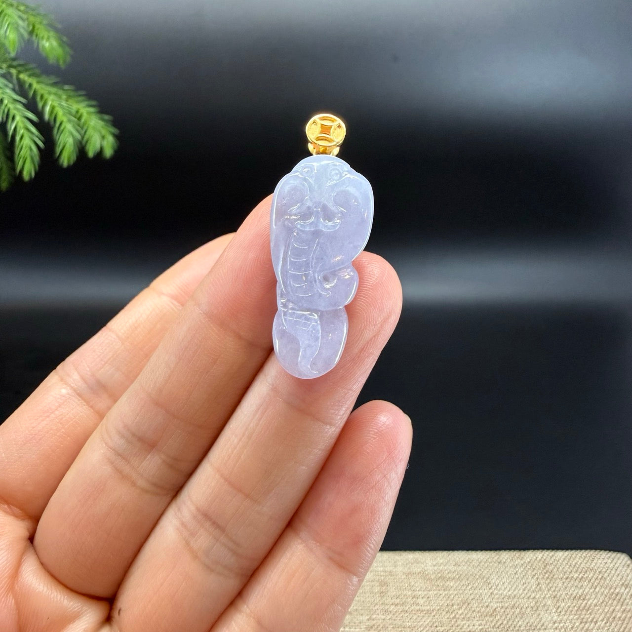 Genuine Light Lavender Jadeite Jade Cobra Necklace With 18K Yellow Gold Bail
