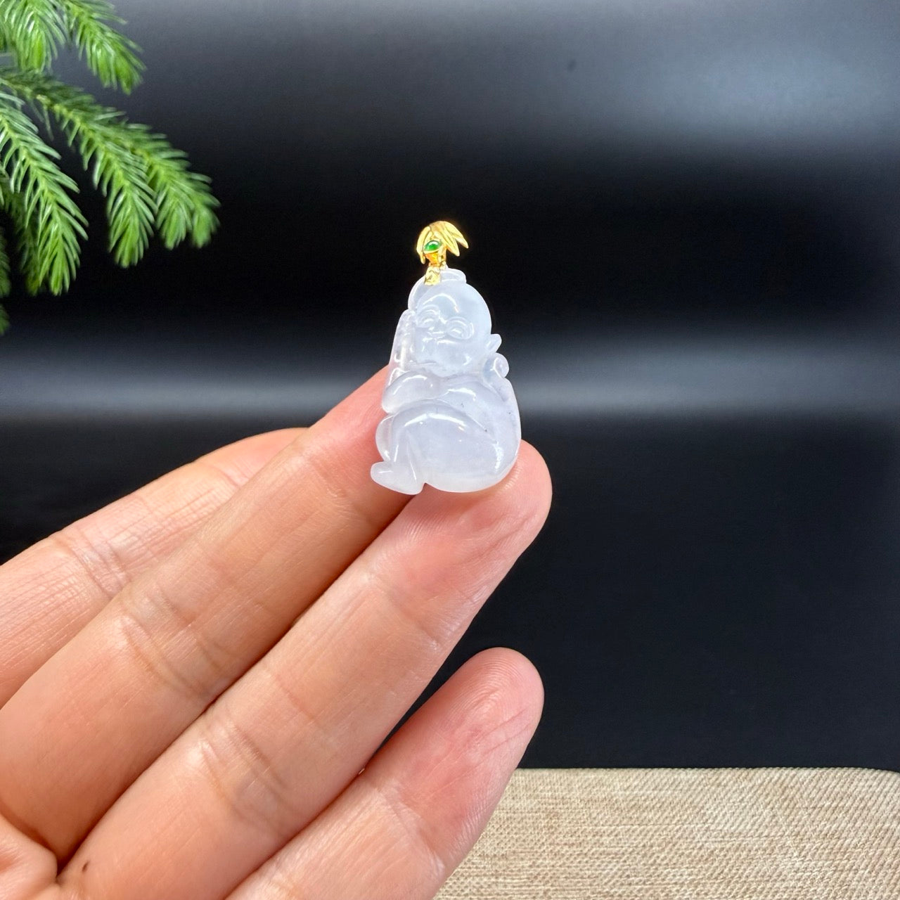 RealJade®  co: 18k Yellow Gold Light Lavender Monkey Pendant Necklace