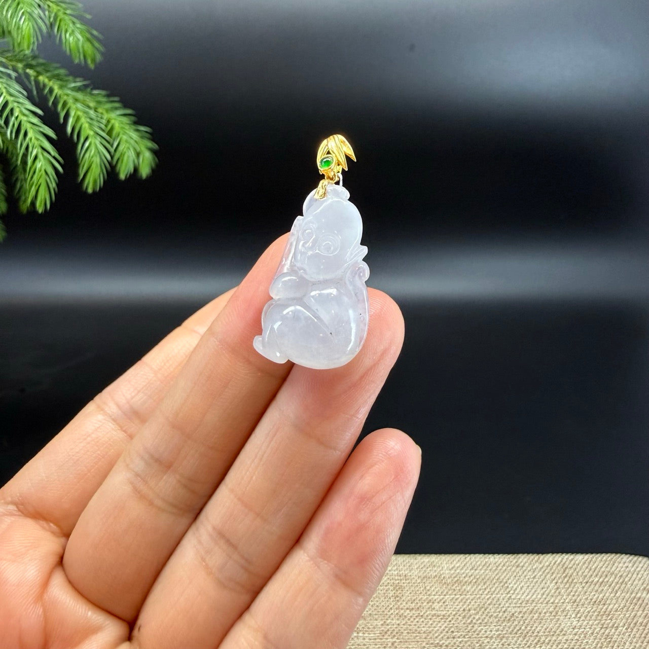 RealJade®  co: 18k Yellow Gold Light Lavender Monkey Pendant Necklace