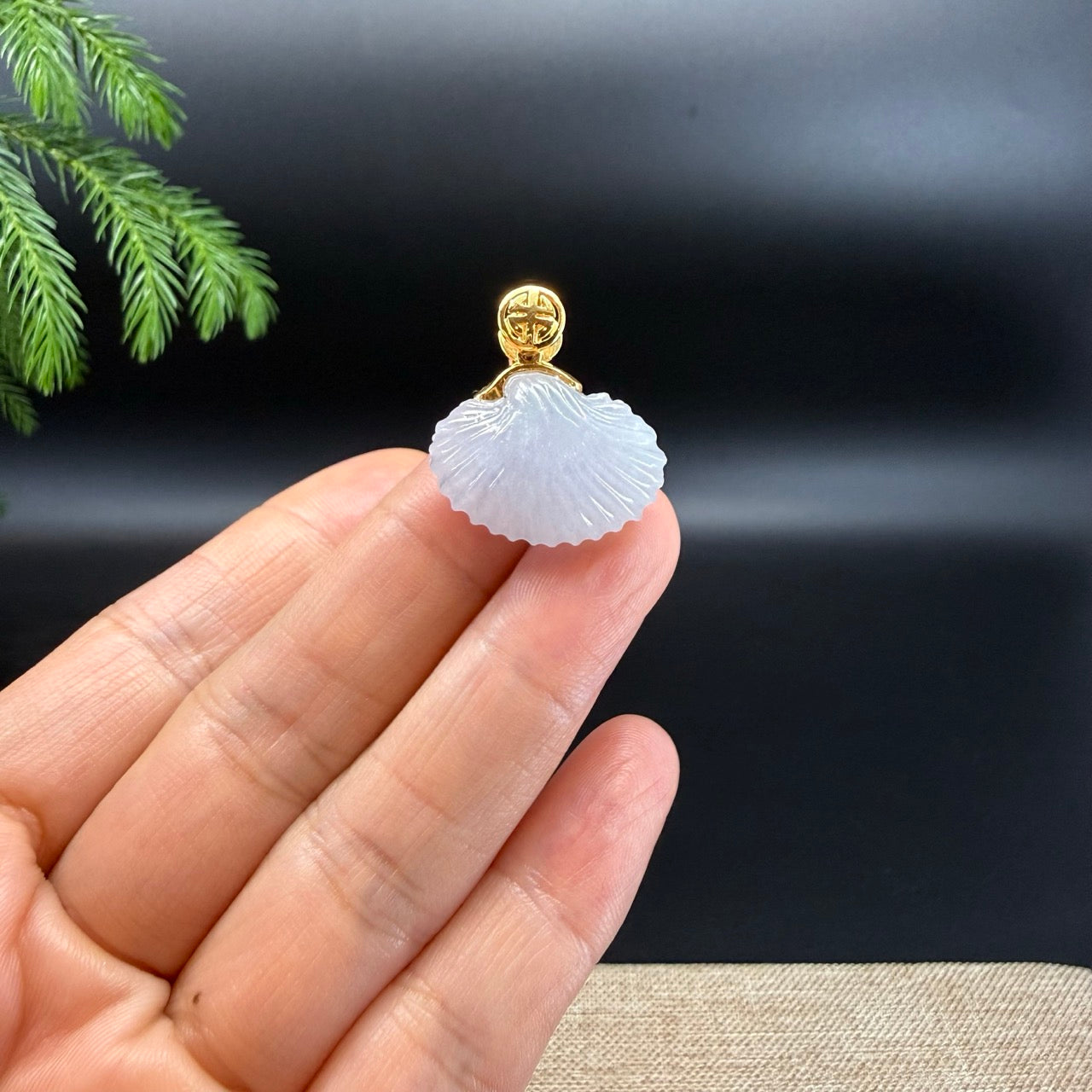 RealJade® Co. 18K Yellow Gold Genuine Burmese Moonlight Jadeite Jade Shell Pendant Necklace