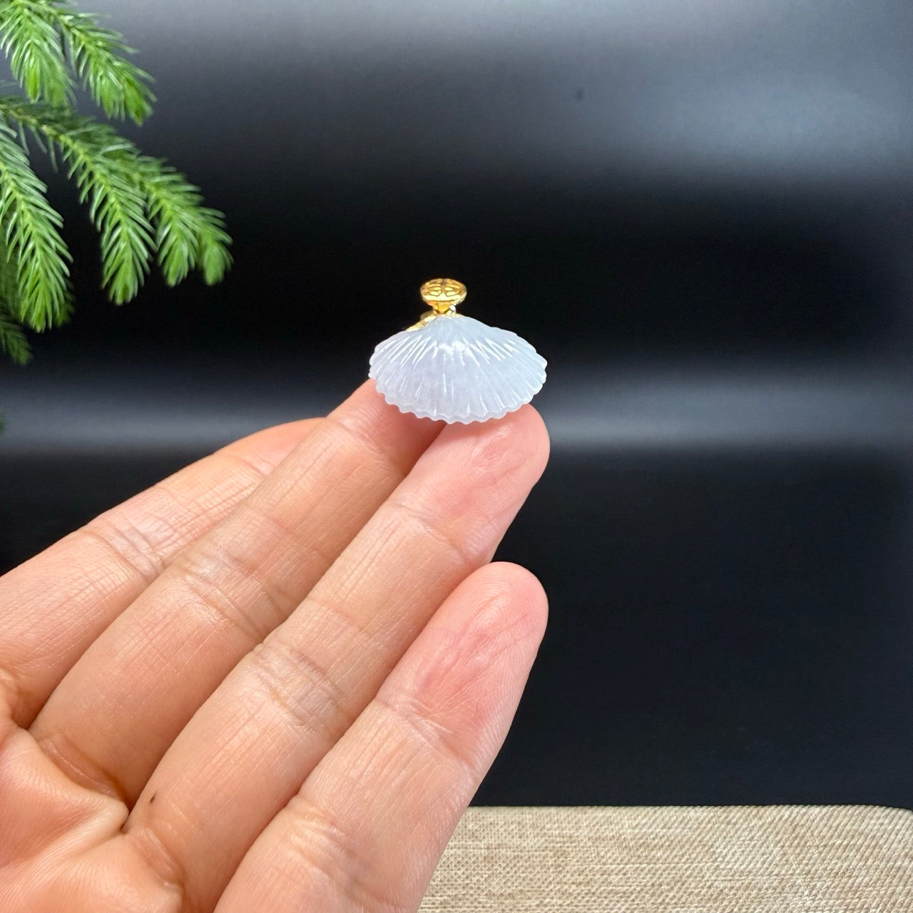 RealJade® Co. 18K Yellow Gold Genuine Burmese Moonlight Jadeite Jade Shell Pendant Necklace