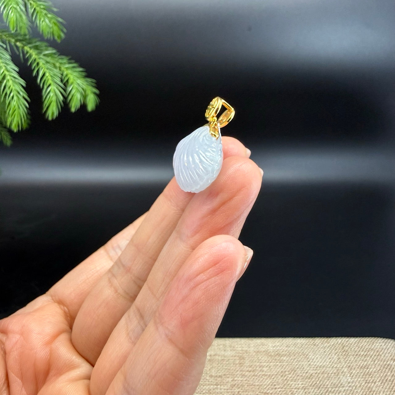RealJade® Co. 18K Yellow Gold Genuine Burmese Moonlight Jadeite Jade Shell Pendant Necklace