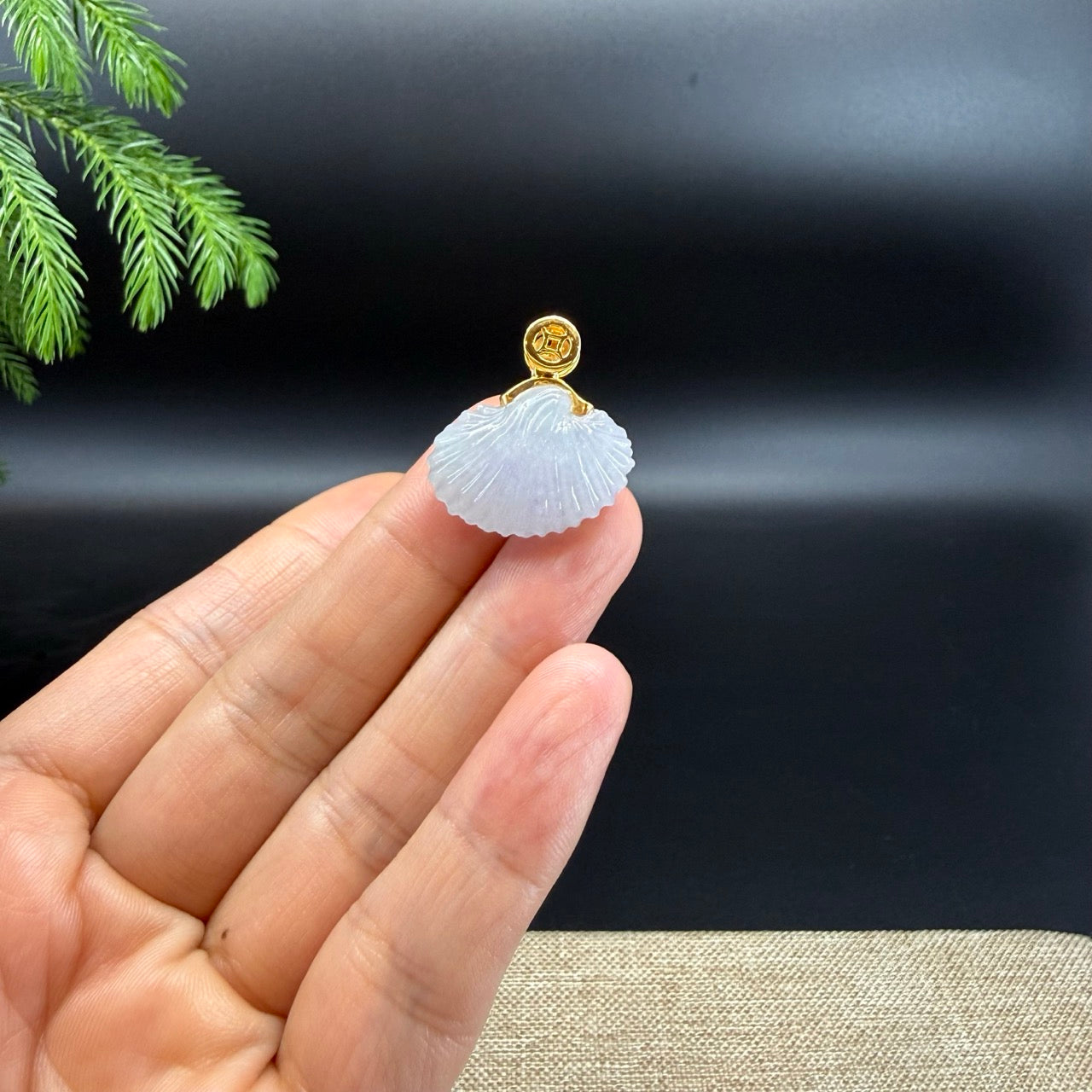 RealJade® Co. 18K Yellow Gold Genuine Burmese Moonlight Jadeite Jade Shell Pendant Necklace