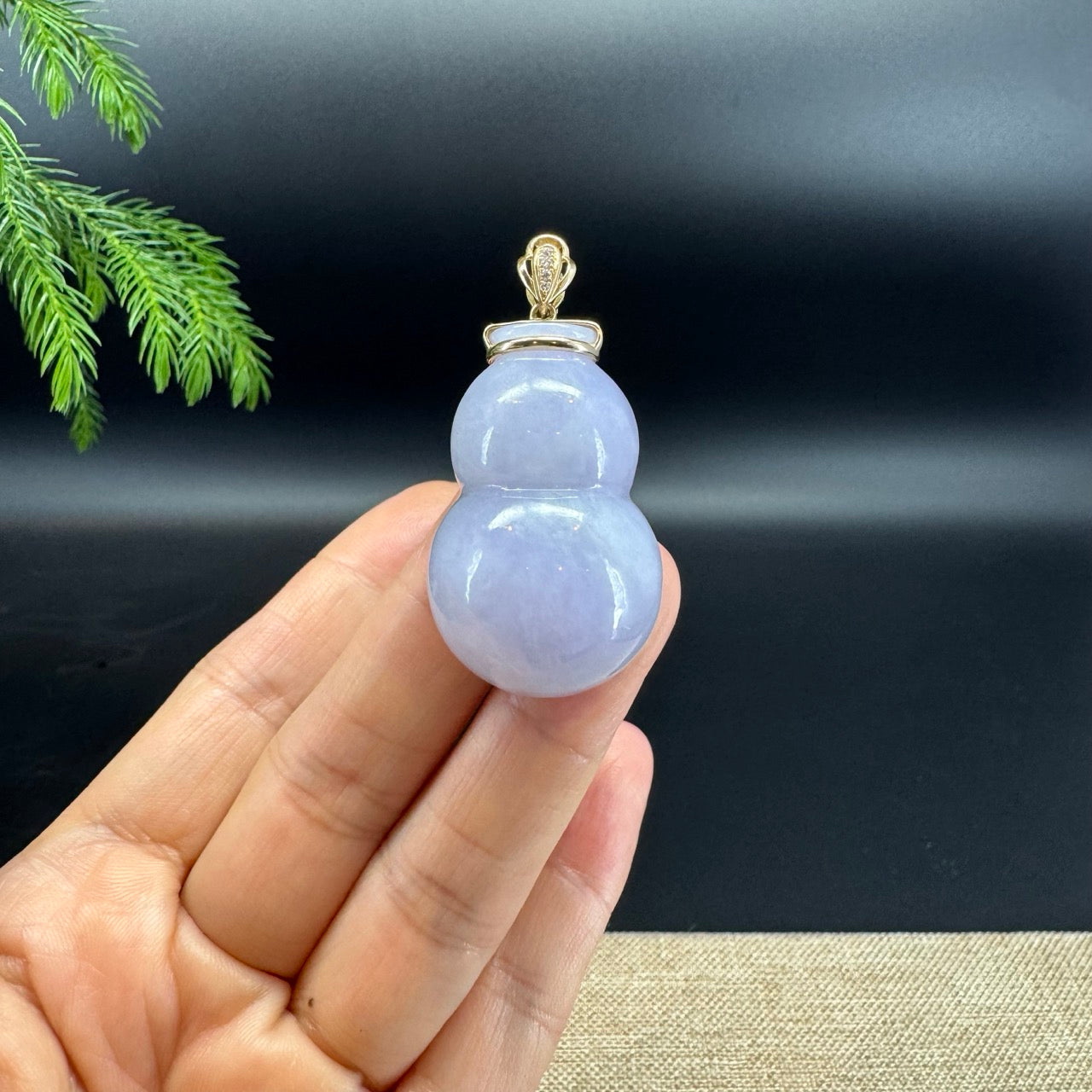 Genuine Blue Lavender Jadeite Jade Hulu Necklace With 14K Yellow Gold Diamonds Bail