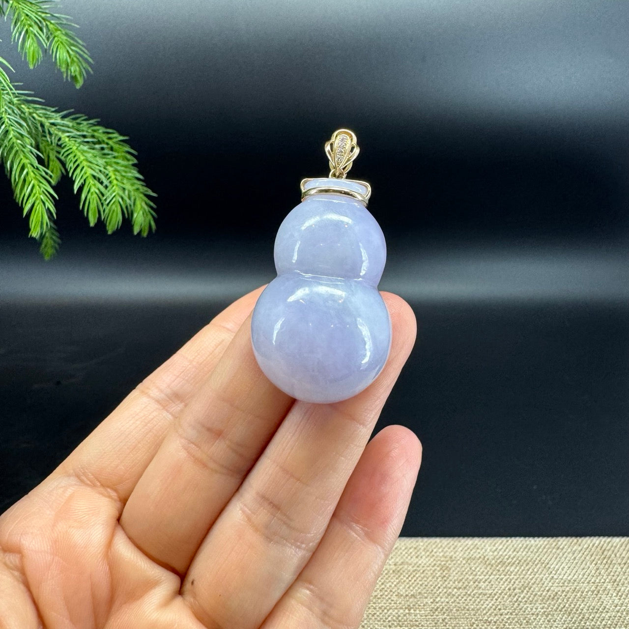 Genuine Blue Lavender Jadeite Jade Hulu Necklace With 14K Yellow Gold Diamonds Bail