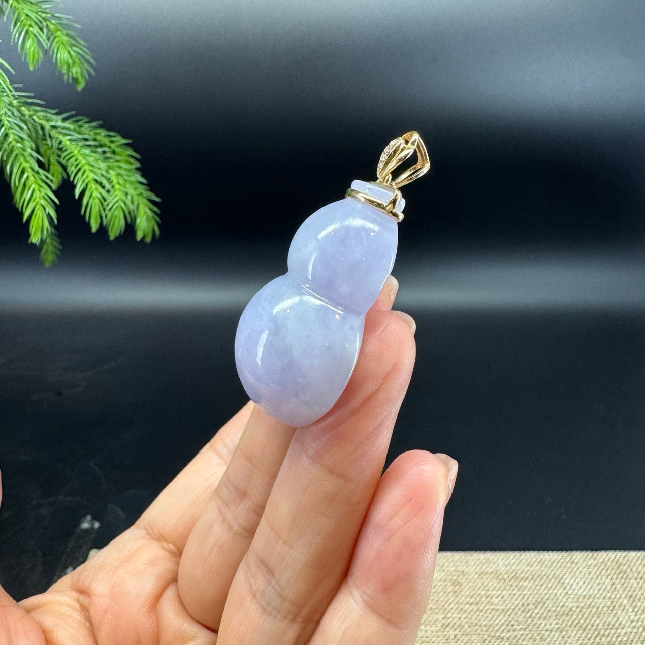 Genuine Blue Lavender Jadeite Jade Hulu Necklace With 14K Yellow Gold Diamonds Bail