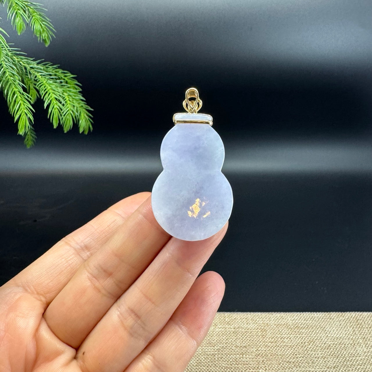 Genuine Blue Lavender Jadeite Jade Hulu Necklace With 14K Yellow Gold Diamonds Bail