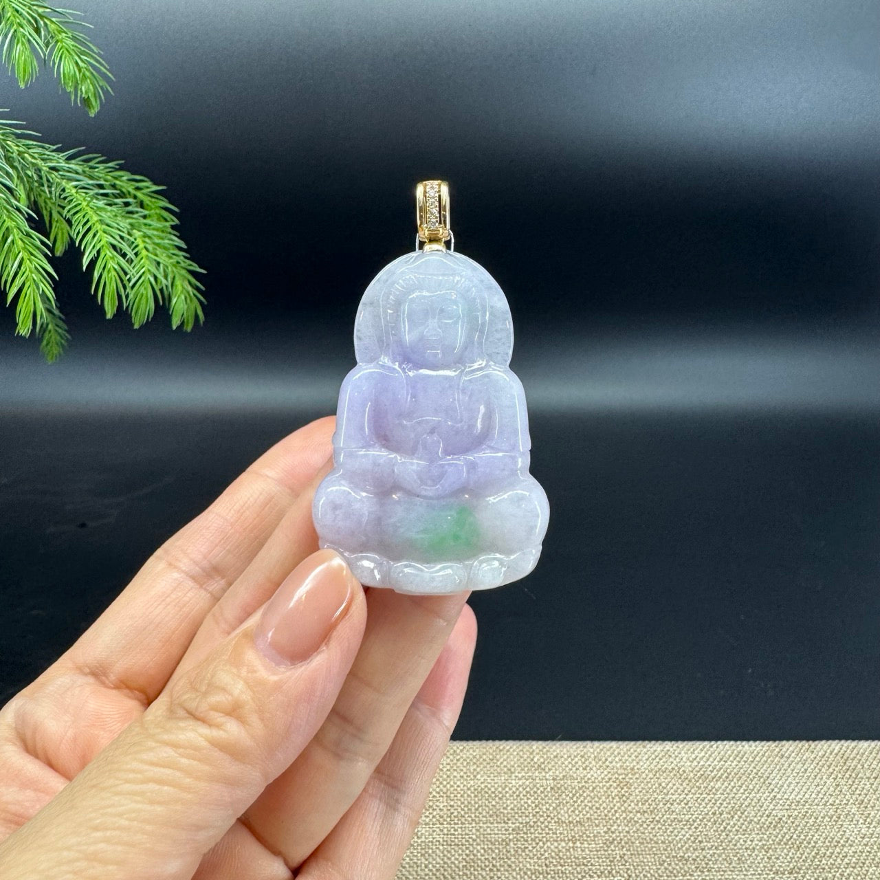 14K Yellow Gold  Burmese Natural Lavender Green Jadeite Jade Guanyin Pendant
