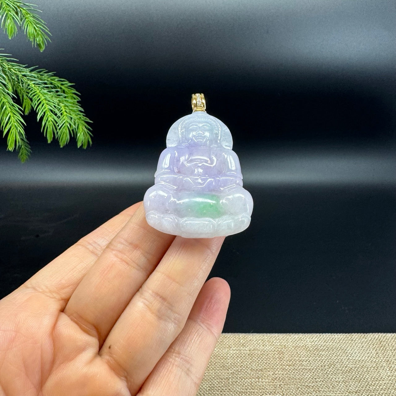 14K Yellow Gold  Burmese Natural Lavender Green Jadeite Jade Guanyin Pendant