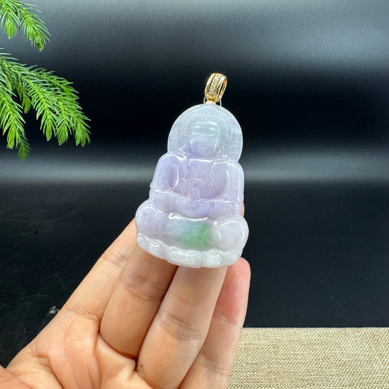 14K Yellow Gold  Burmese Natural Lavender Green Jadeite Jade Guanyin Pendant