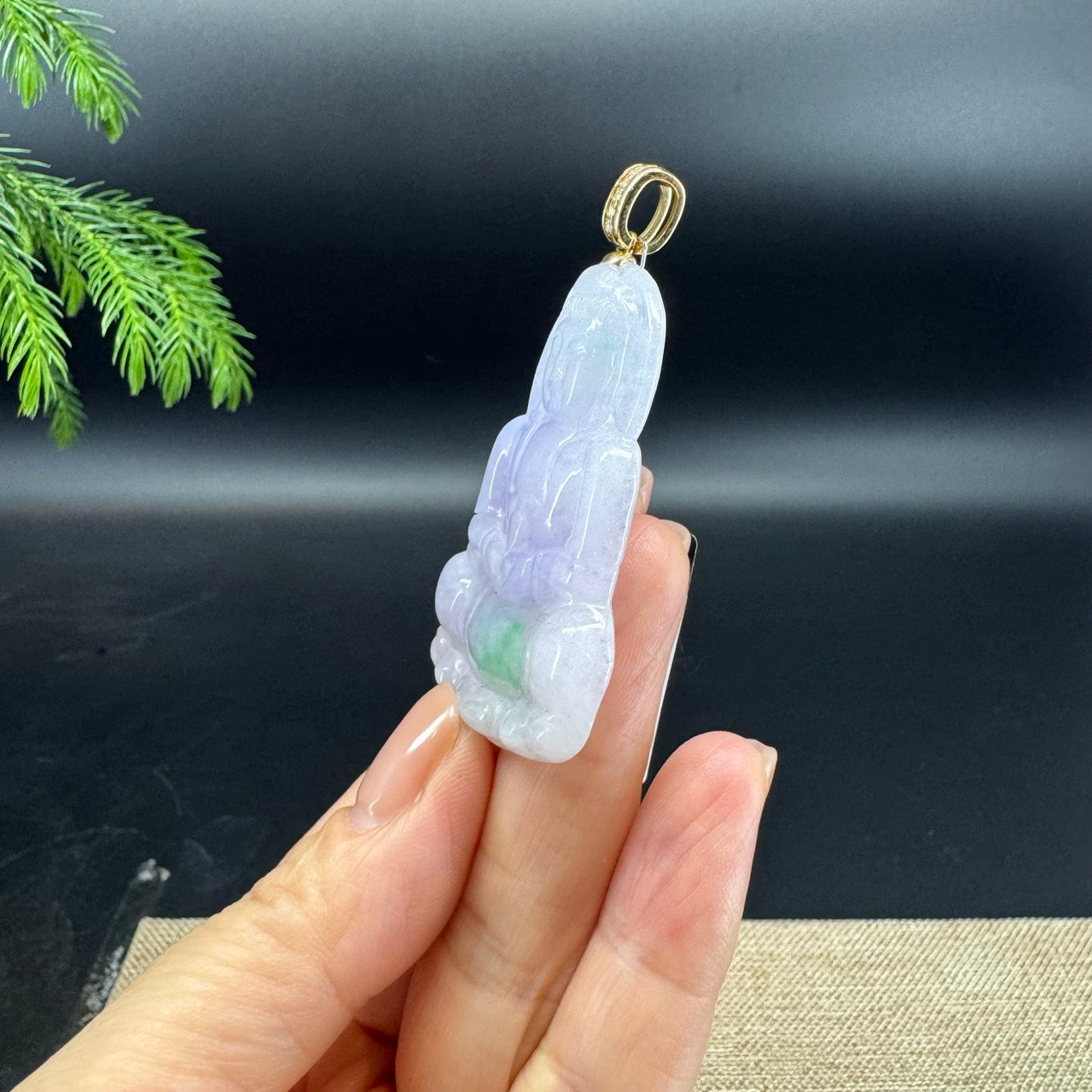 14K Yellow Gold  Burmese Natural Lavender Green Jadeite Jade Guanyin Pendant