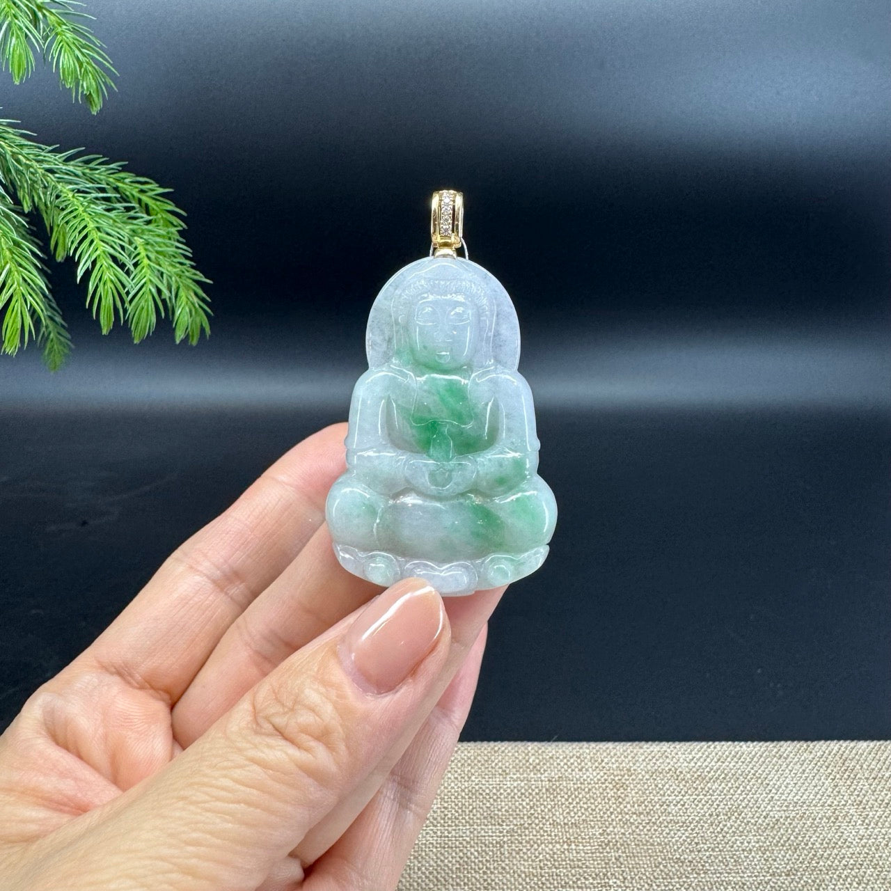 Natural Burmese 14K Yellow Gold Light Green Jadeite Jade Guanyin Pendant