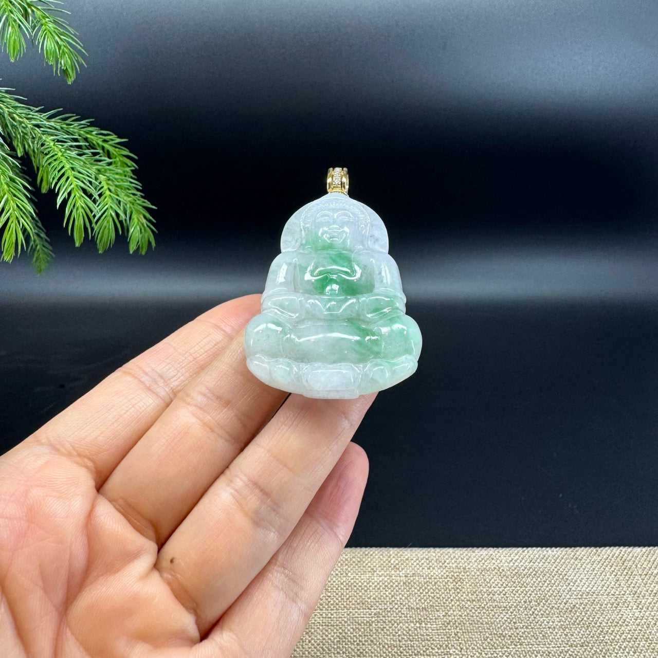 Natural Burmese 14K Yellow Gold Light Green Jadeite Jade Guanyin Pendant