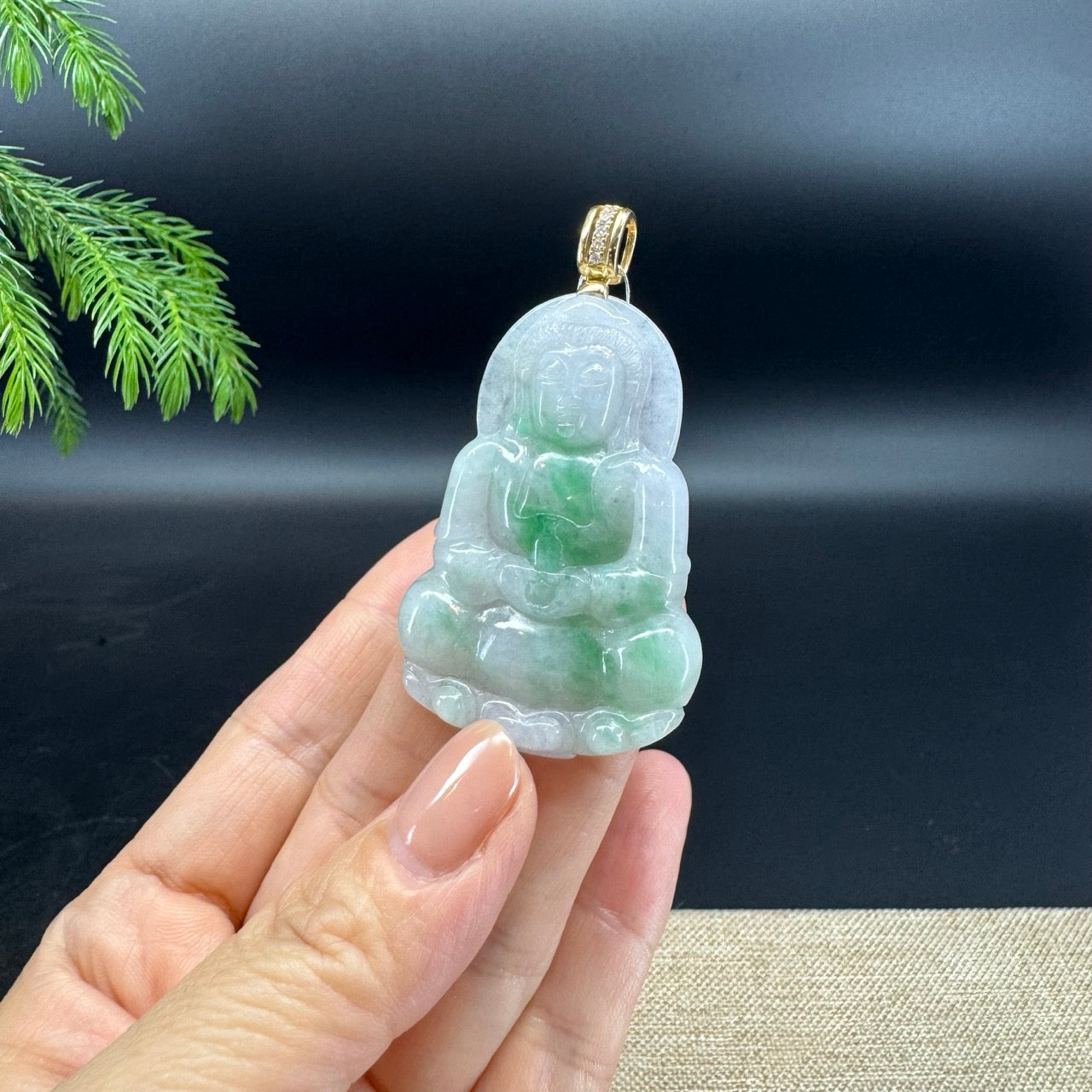 Natural Burmese 14K Yellow Gold Light Green Jadeite Jade Guanyin Pendant