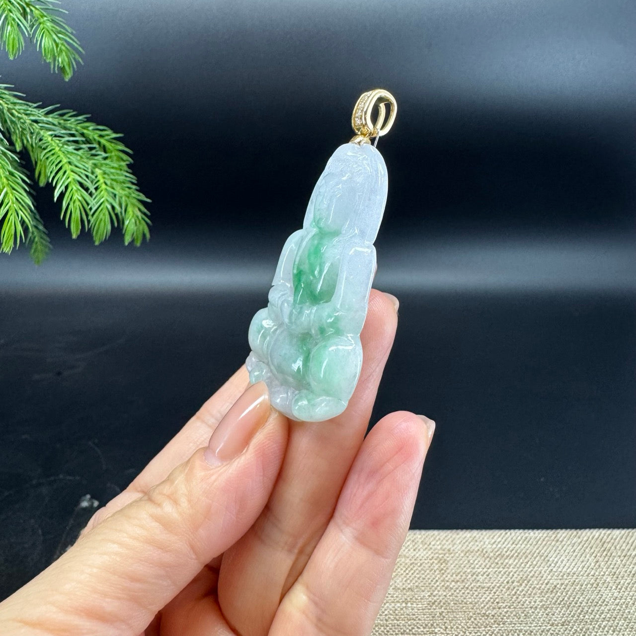 Natural Burmese 14K Yellow Gold Light Green Jadeite Jade Guanyin Pendant