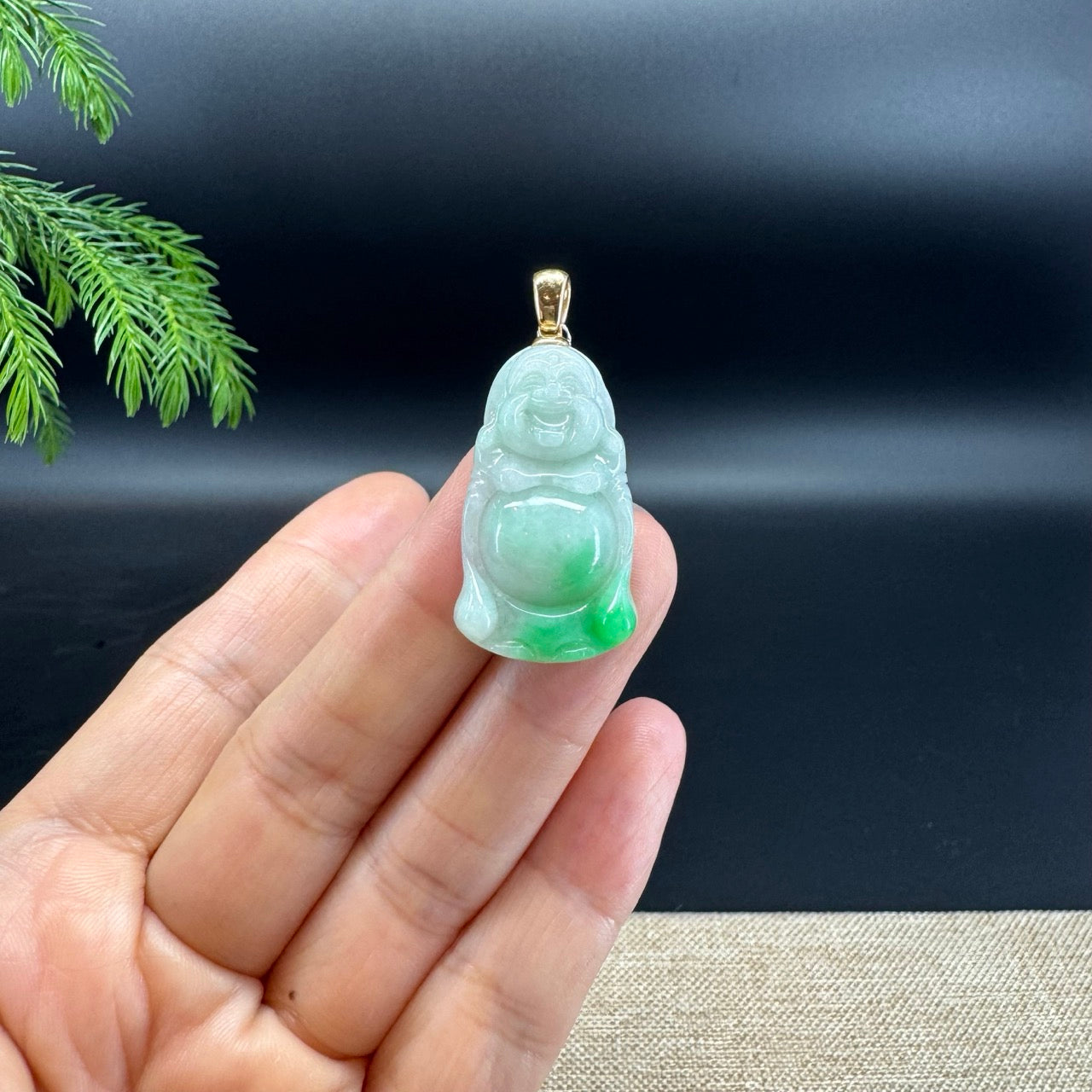 14K Yellow Gold Burmese White Green(BDQ) Jadeite Jade Happy Buddha Pendant