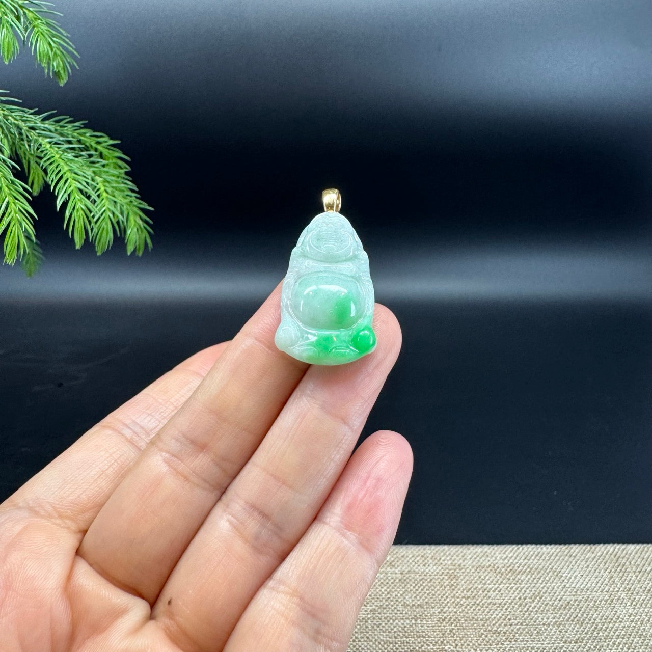 14K Yellow Gold Burmese White Green(BDQ) Jadeite Jade Happy Buddha Pendant