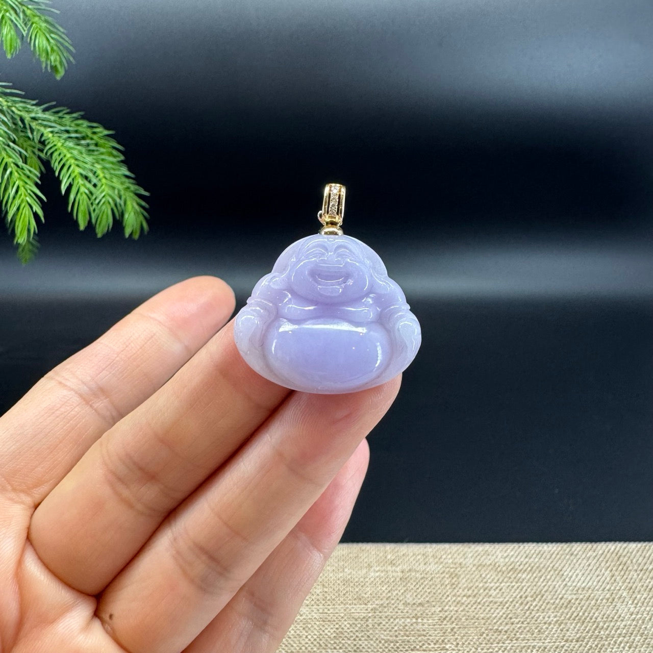 14K Yellow Gold Burmese Lavender Jadeite Jade Happy Buddha Pendant