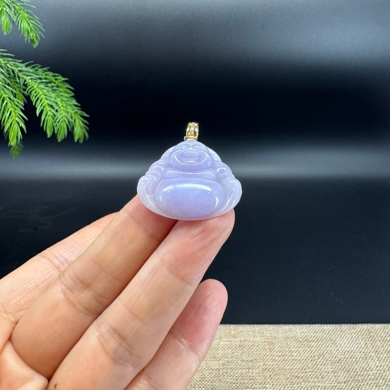 14K Yellow Gold Burmese Lavender Jadeite Jade Happy Buddha Pendant