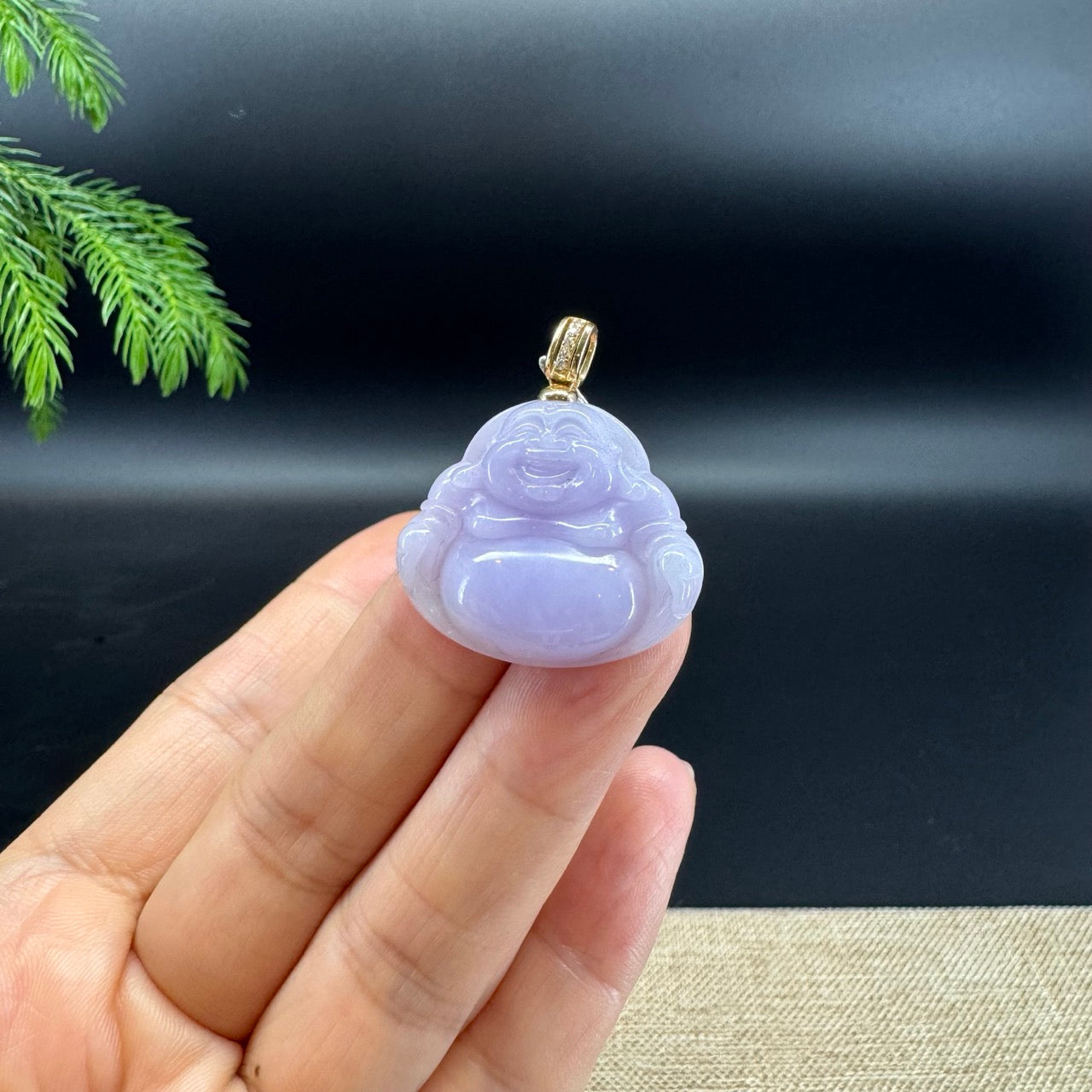 14K Yellow Gold Burmese Lavender Jadeite Jade Happy Buddha Pendant