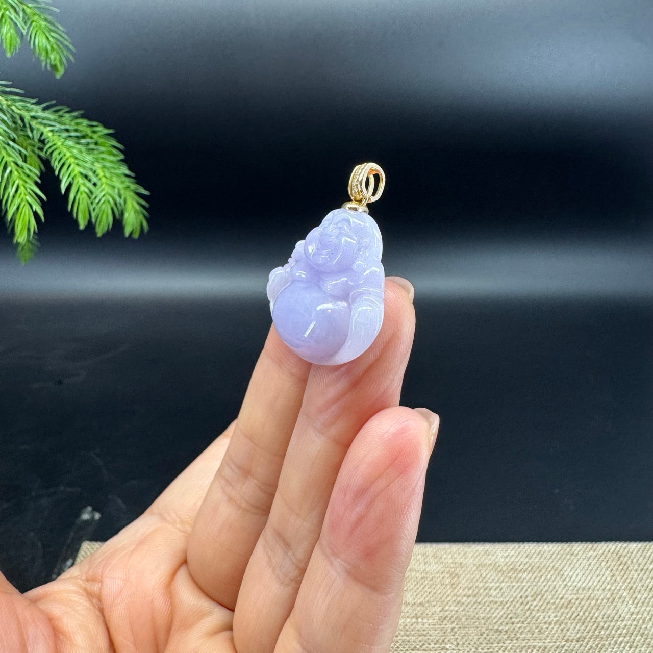 14K Yellow Gold Burmese Lavender Jadeite Jade Happy Buddha Pendant