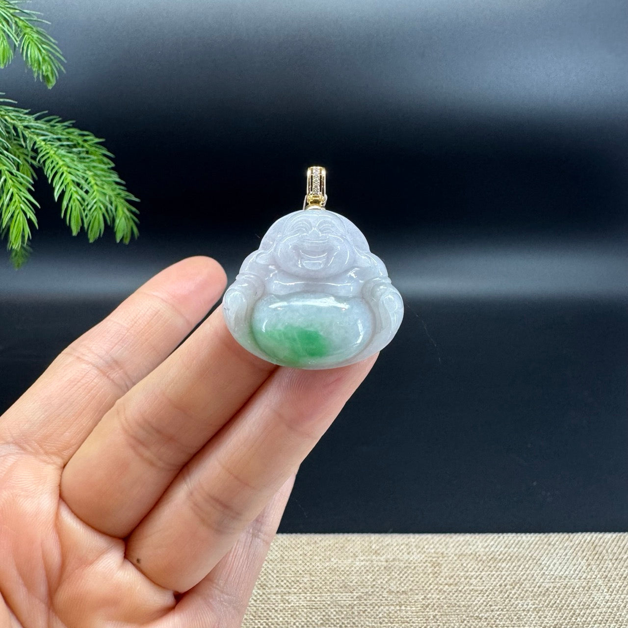 14K Yellow Gold Burmese White Green Jadeite Jade Happy Buddha Pendant with Diamonds