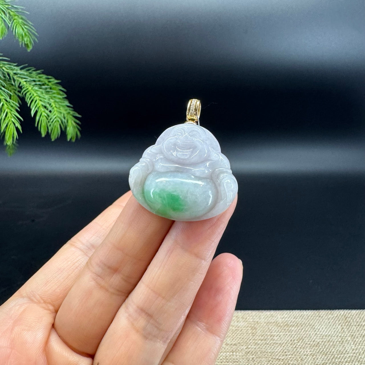 14K Yellow Gold Burmese White Green Jadeite Jade Happy Buddha Pendant with Diamonds