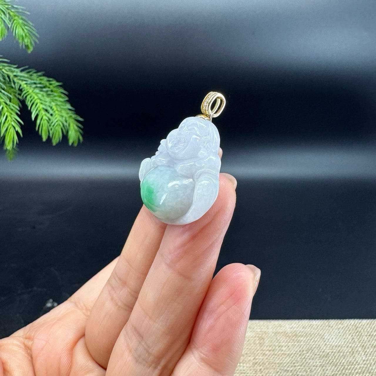 14K Yellow Gold Burmese White Green Jadeite Jade Happy Buddha Pendant with Diamonds