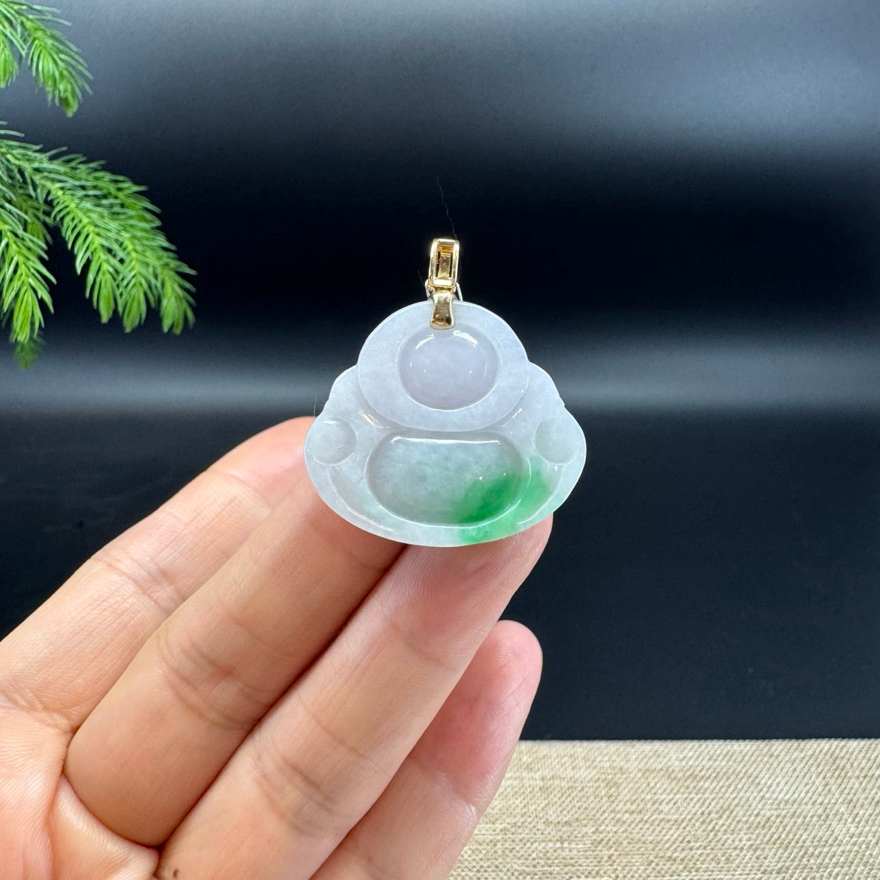 14K Yellow Gold Burmese White Green Jadeite Jade Happy Buddha Pendant with Diamonds