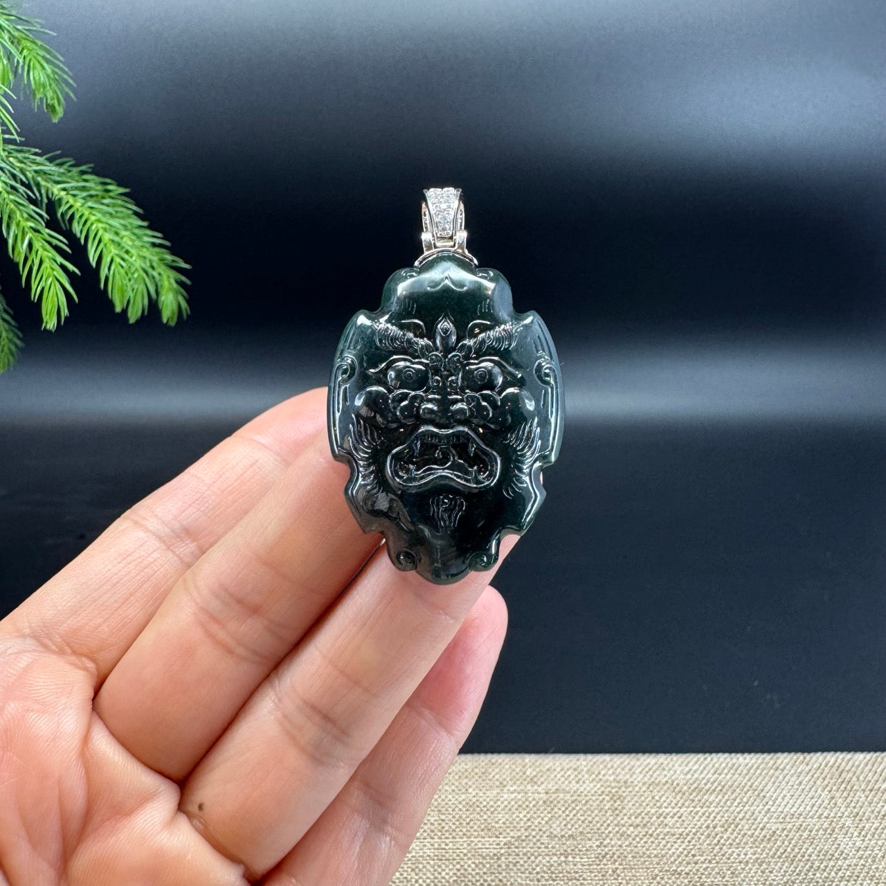 RealJade® Co. Guatemalan Platium Ink Green Jadeite Jade "Fu Dog"Pendant Necklace With Diamonds