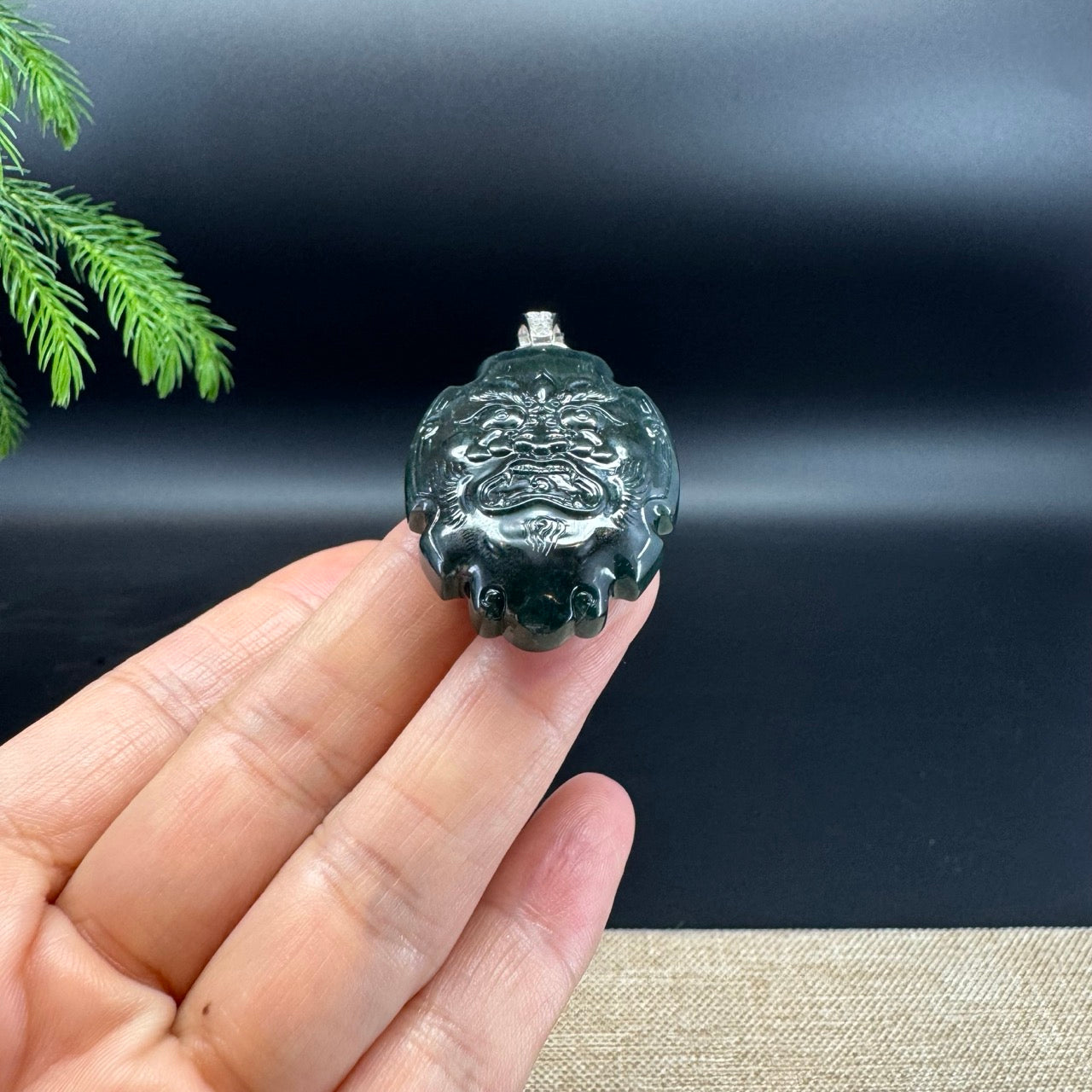 RealJade® Co. Guatemalan Platium Ink Green Jadeite Jade "Fu Dog"Pendant Necklace With Diamonds