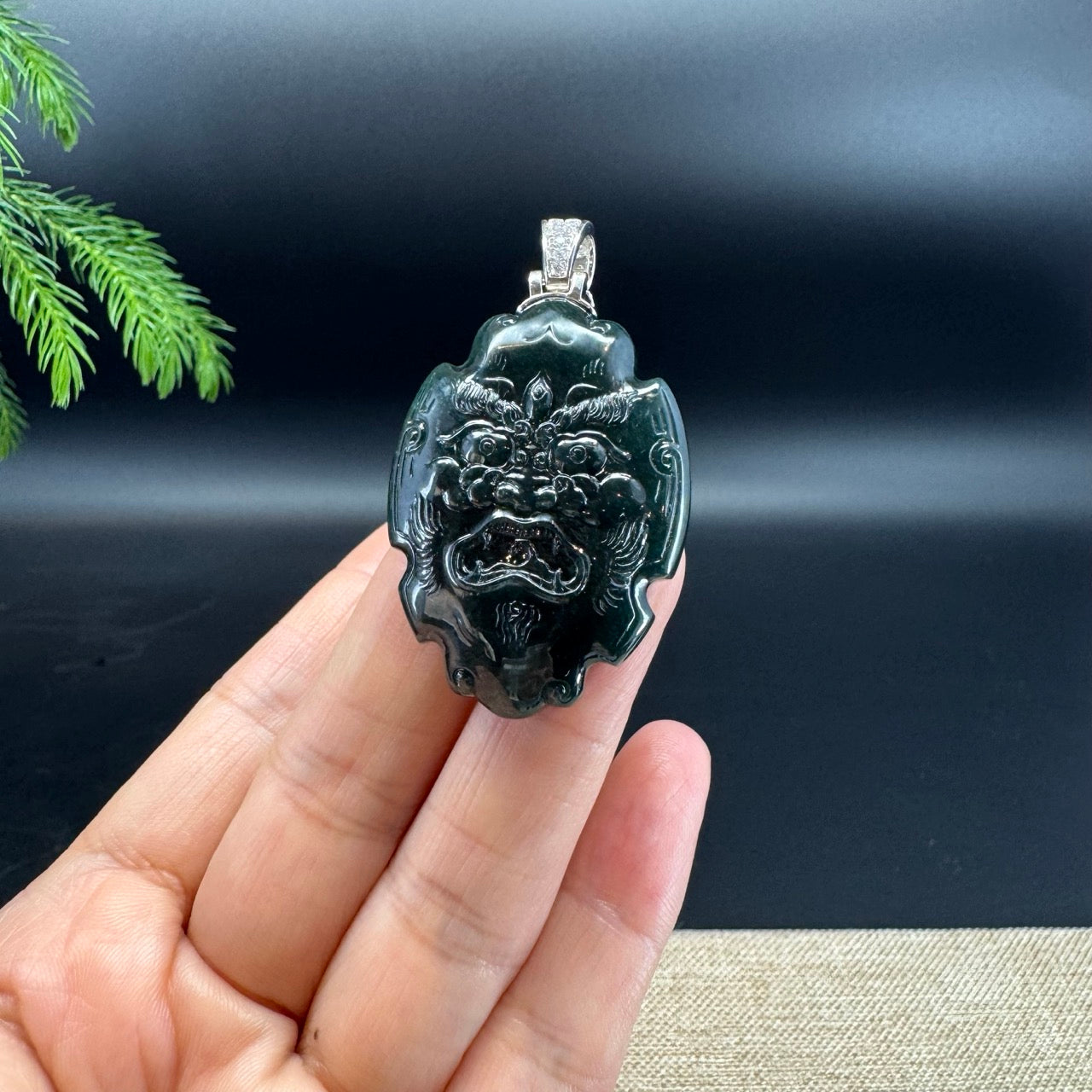 RealJade® Co. Guatemalan Platium Ink Green Jadeite Jade "Fu Dog"Pendant Necklace With Diamonds