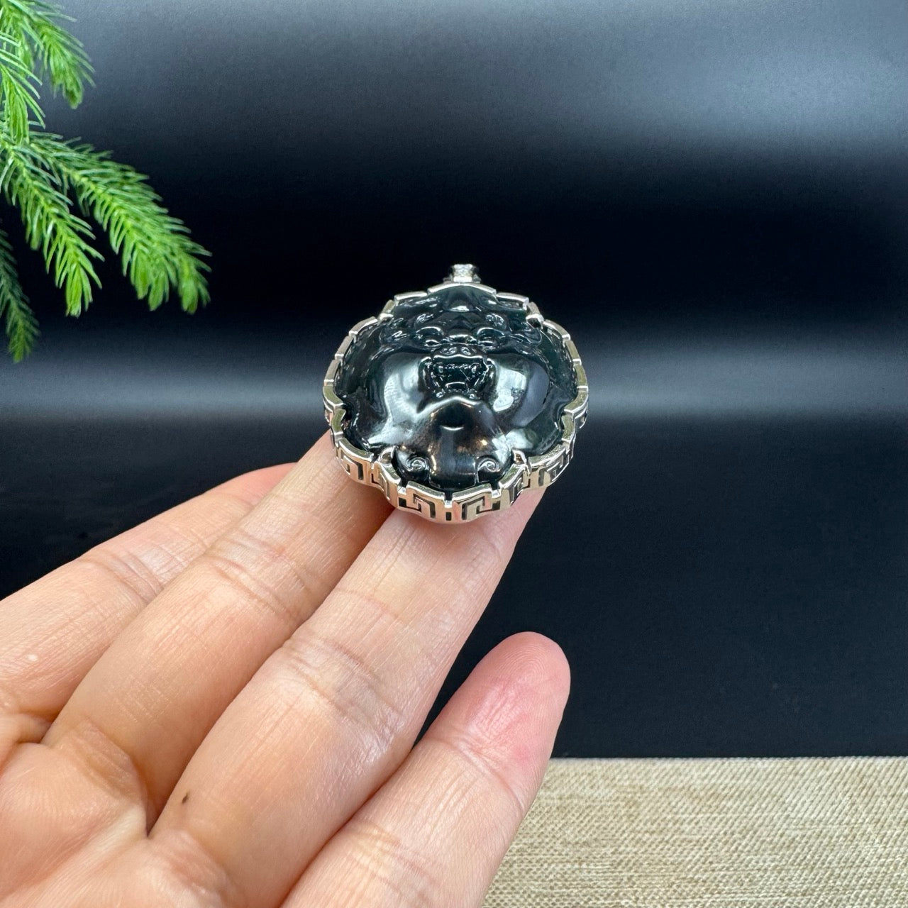 RealJade® Co. Guatemalan Platinum Black Jadeite Jade "Fu Dog"Pendant Necklace