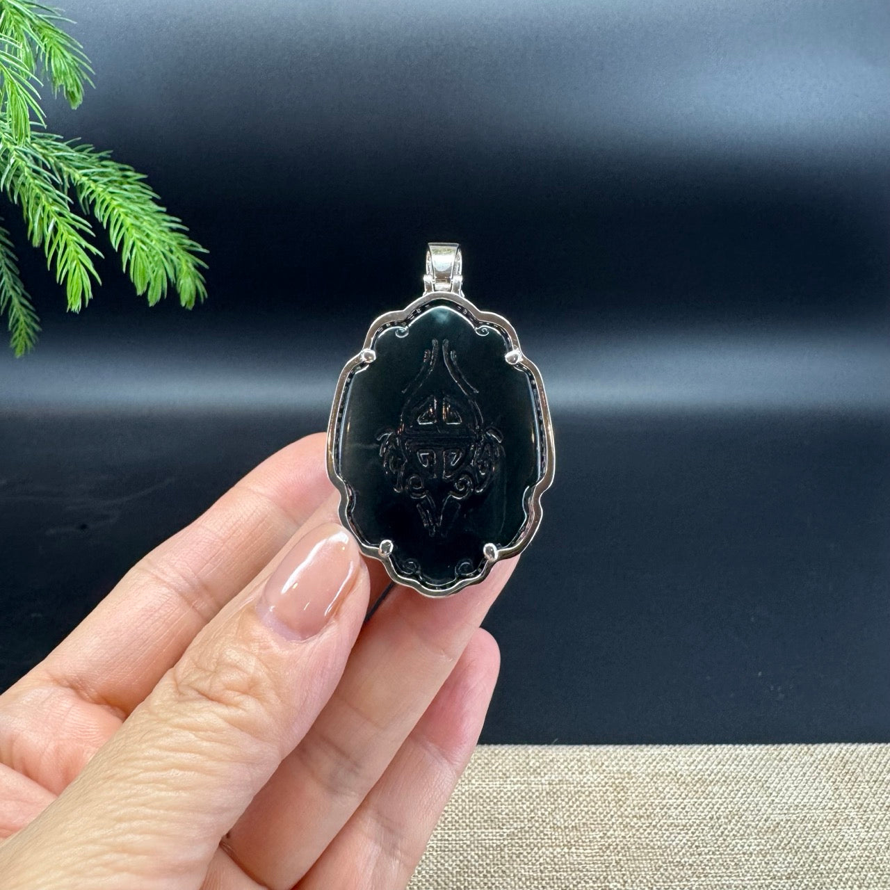 RealJade® Co. Guatemalan Platinum Black Jadeite Jade "Fu Dog"Pendant Necklace