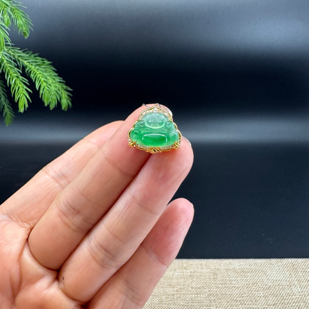18K Yellow Gold Burmese Icy Green Jadeite Jade Mini Happy Buddha Pendant