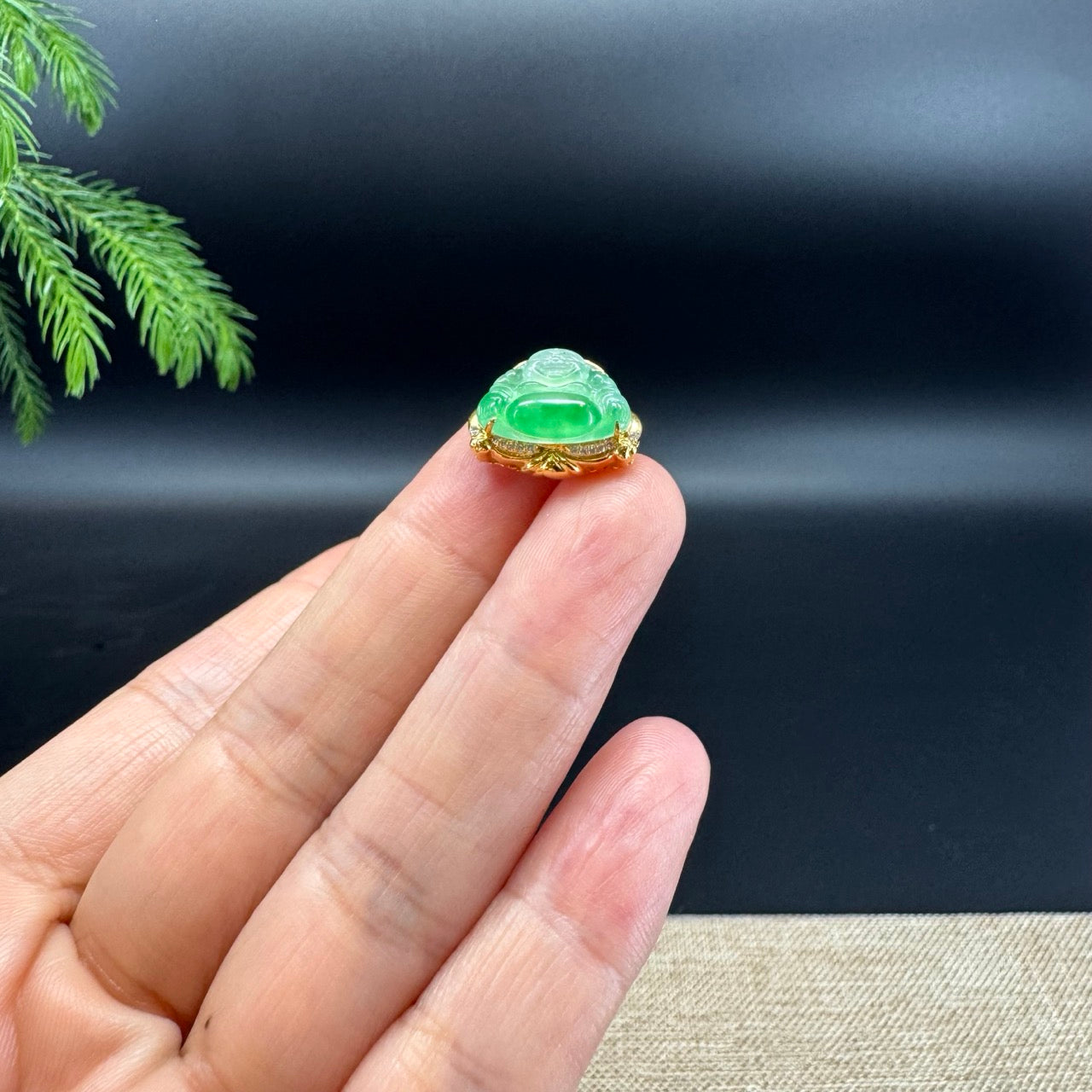 18K Yellow Gold Burmese Icy Green Jadeite Jade Mini Happy Buddha Pendant