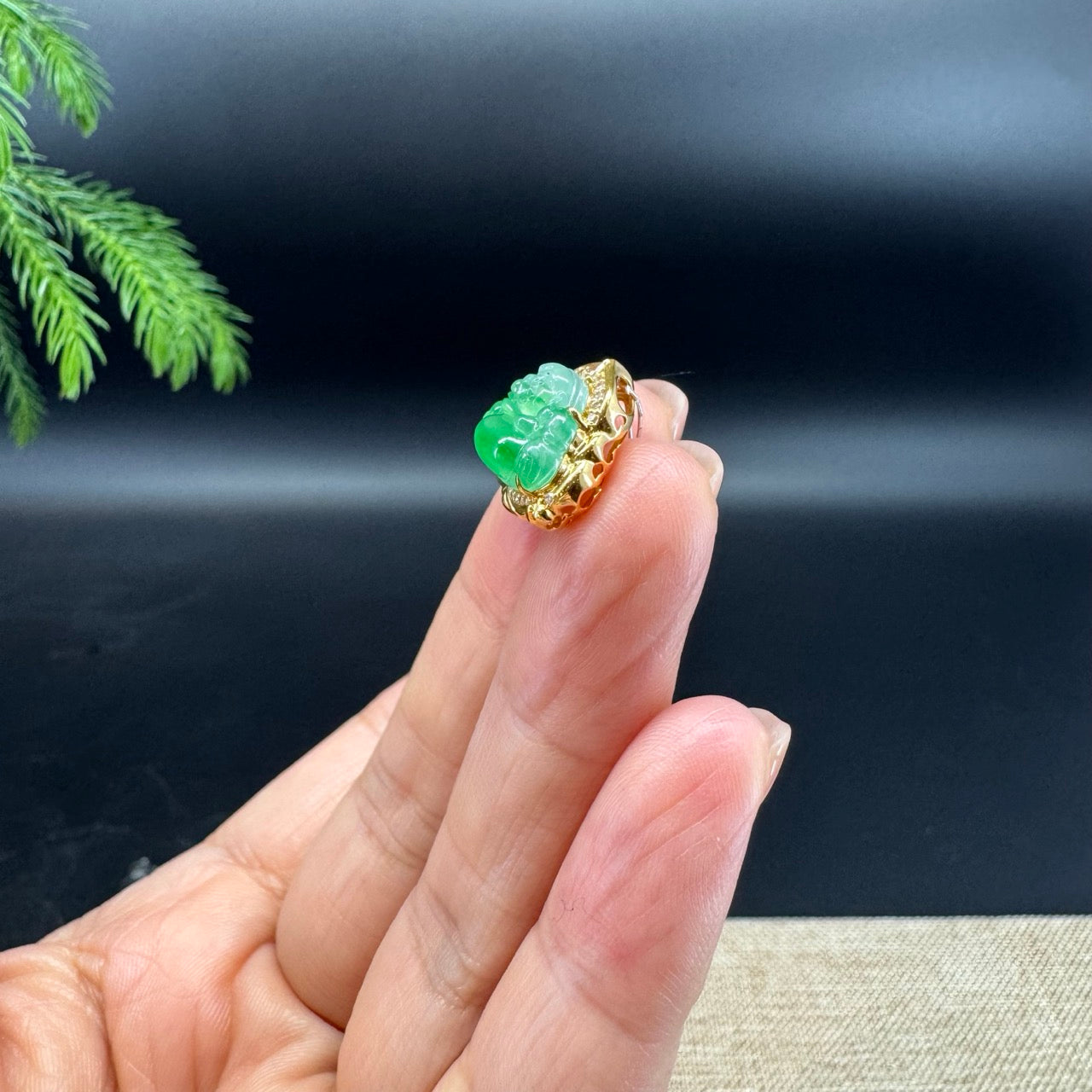 18K Yellow Gold Burmese Icy Green Jadeite Jade Mini Happy Buddha Pendant