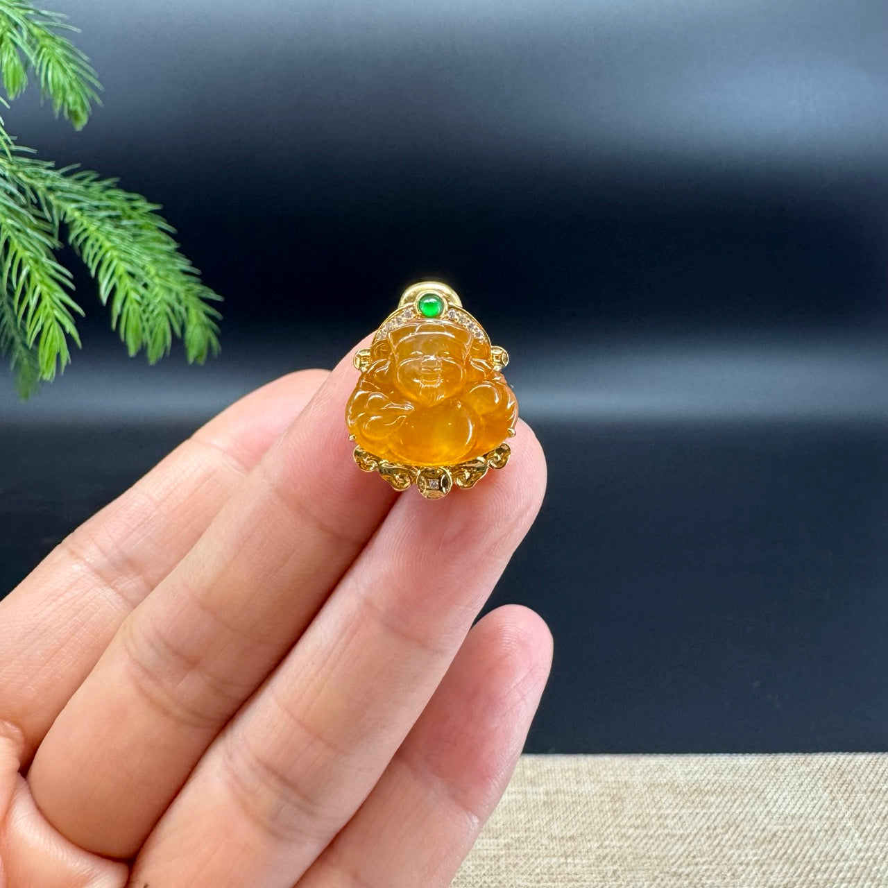Burmese Honey Yellow Jadeite Jade Mini Money Saint Pendant With 18K Yellow Gold Diamonds Bail