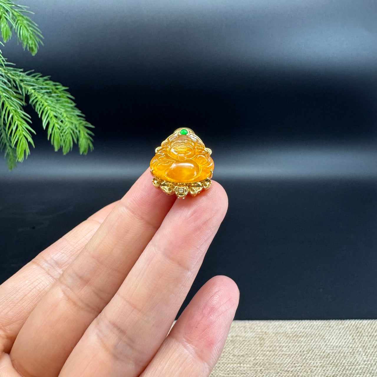Burmese Honey Yellow Jadeite Jade Mini Money Saint Pendant With 18K Yellow Gold Diamonds Bail