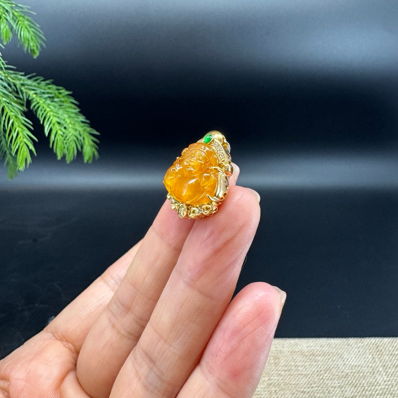 Burmese Honey Yellow Jadeite Jade Mini Money Saint Pendant With 18K Yellow Gold Diamonds Bail