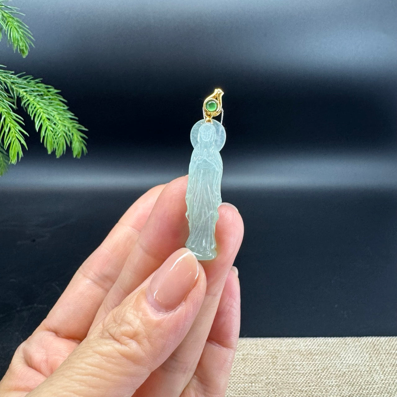 RealJade® 18K Yellow Gold Genuine Icy Green Jadeite Jade Mother Mary Pendant Necklace