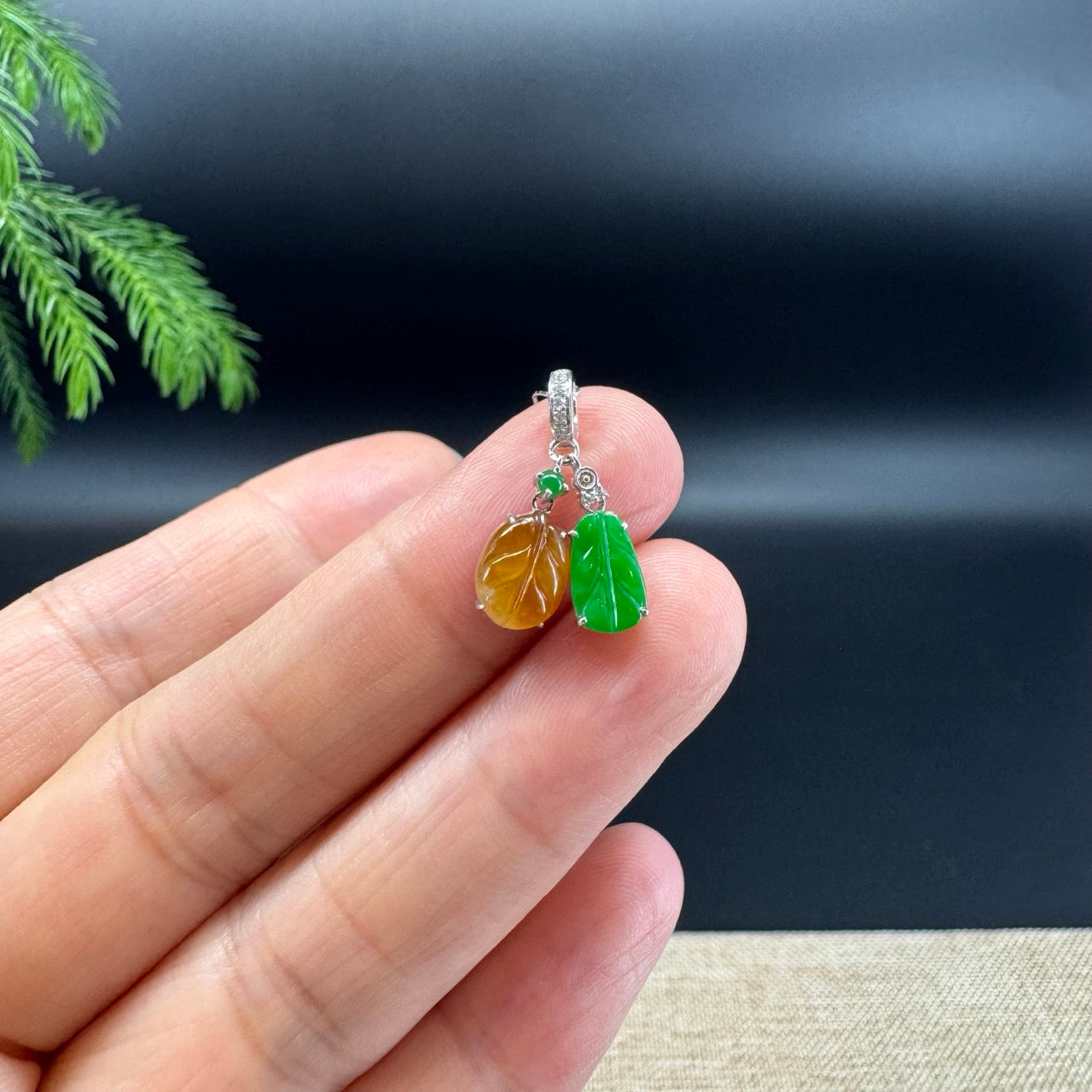 RealJade® Co. 18K White Gold Genuine Yellow & Green Jadeite Jade Mini Leaf Necklace