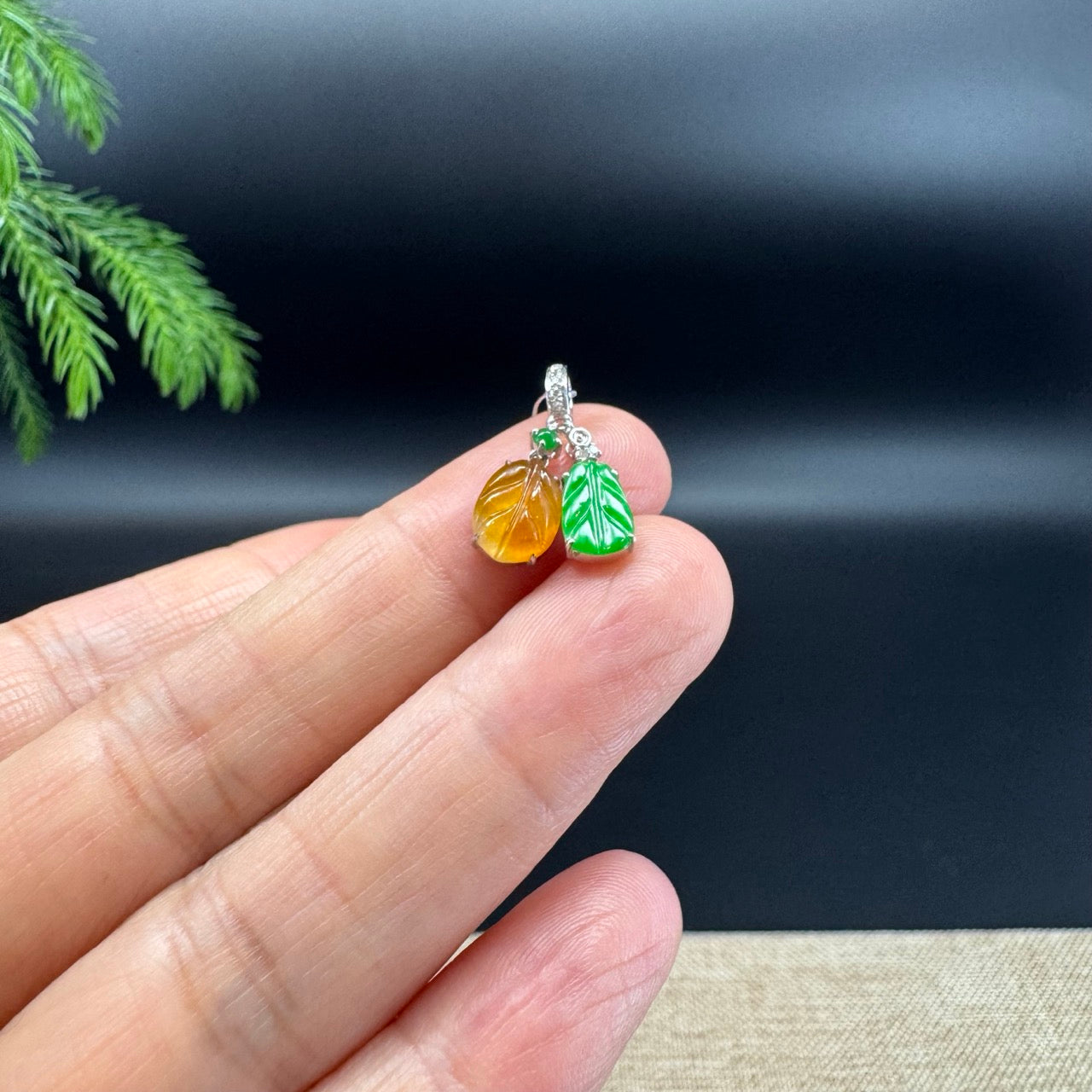 RealJade® Co. 18K White Gold Genuine Yellow & Green Jadeite Jade Mini Leaf Necklace