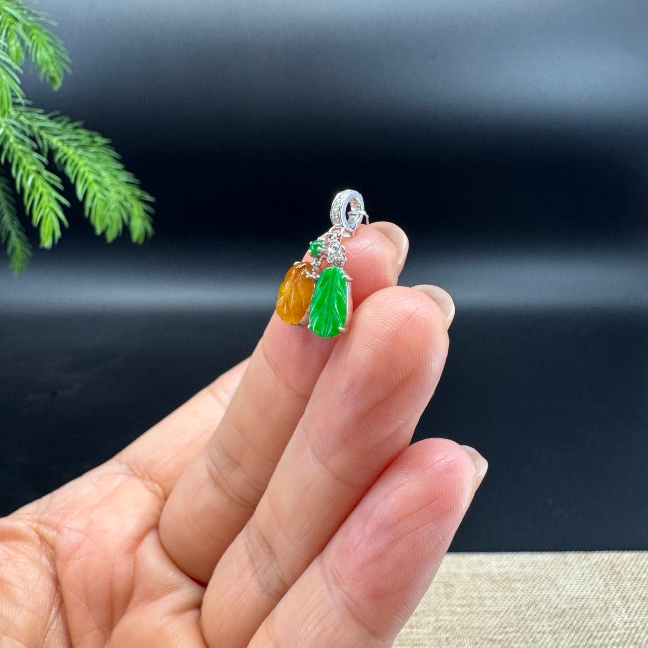 RealJade® Co. 18K White Gold Genuine Yellow & Green Jadeite Jade Mini Leaf Necklace