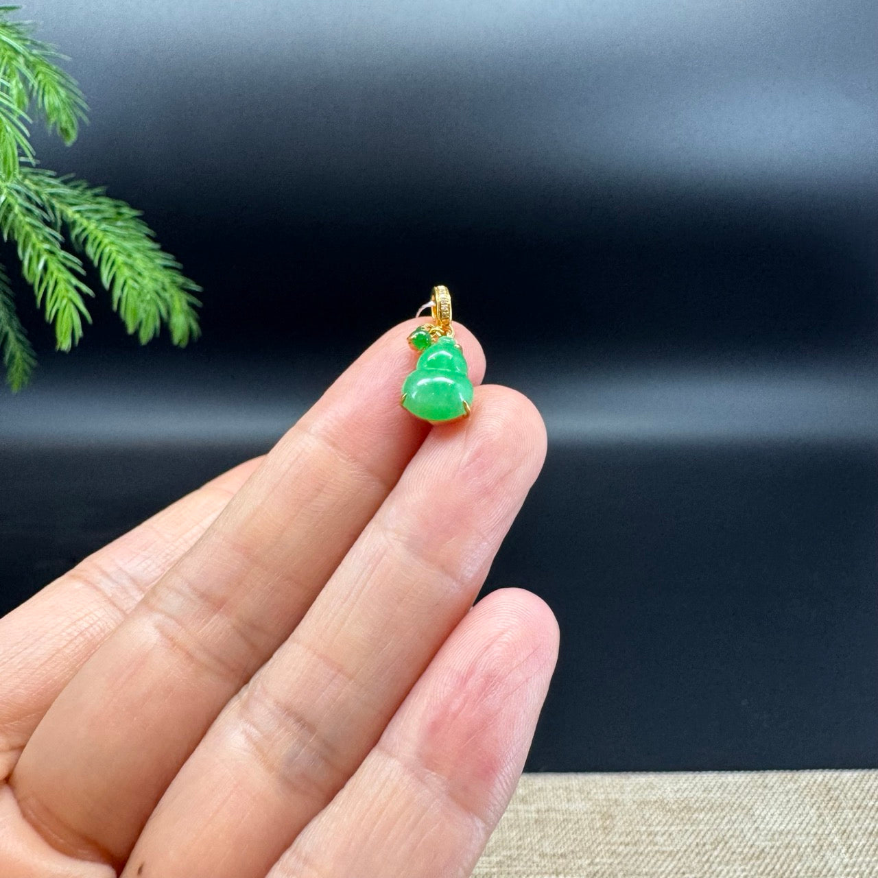 RealJade® Co. Genuine Green Jadeite Jade Mini Hulu Necklace With 18K Yellow Gold Bail
