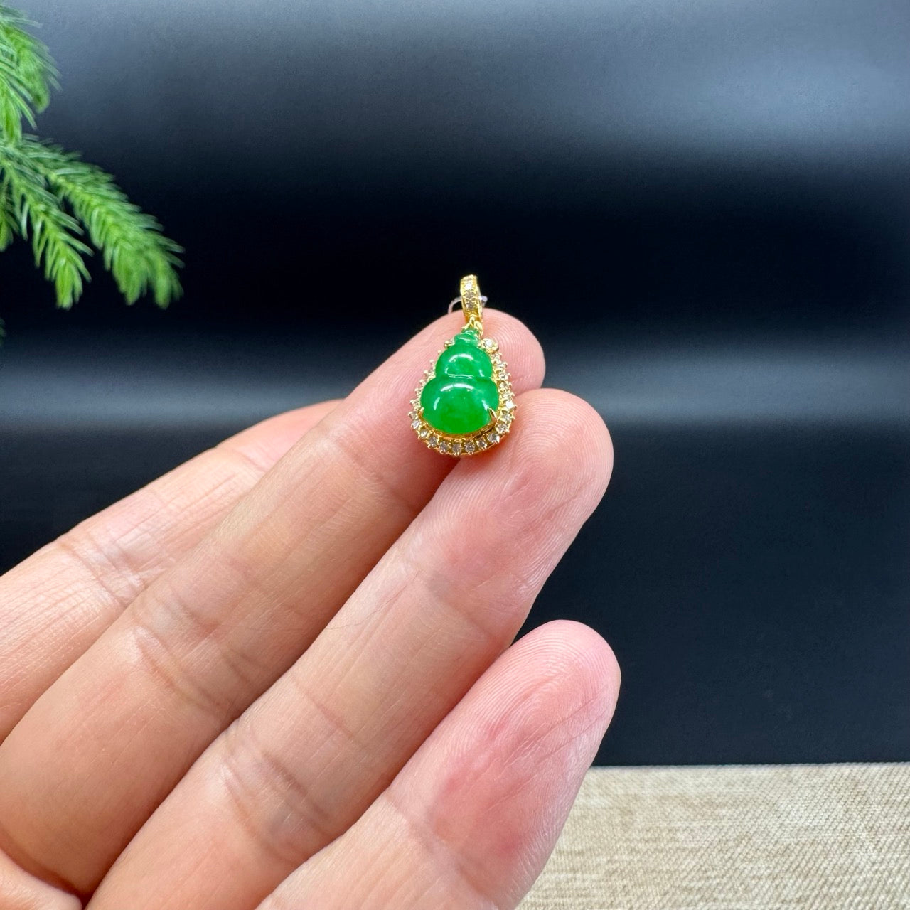 Genuine Green Jadeite Jade Mini Hulu Necklace With 18K Yellow Gold Diamonds Bail